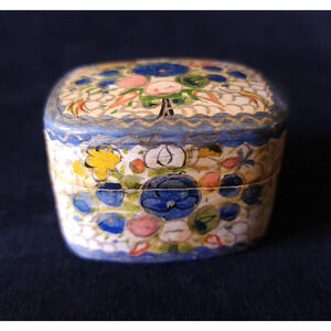 Vintage Paper Mache Trinket Jewelry Box Hand Painted Floral Lacquer Finish India
